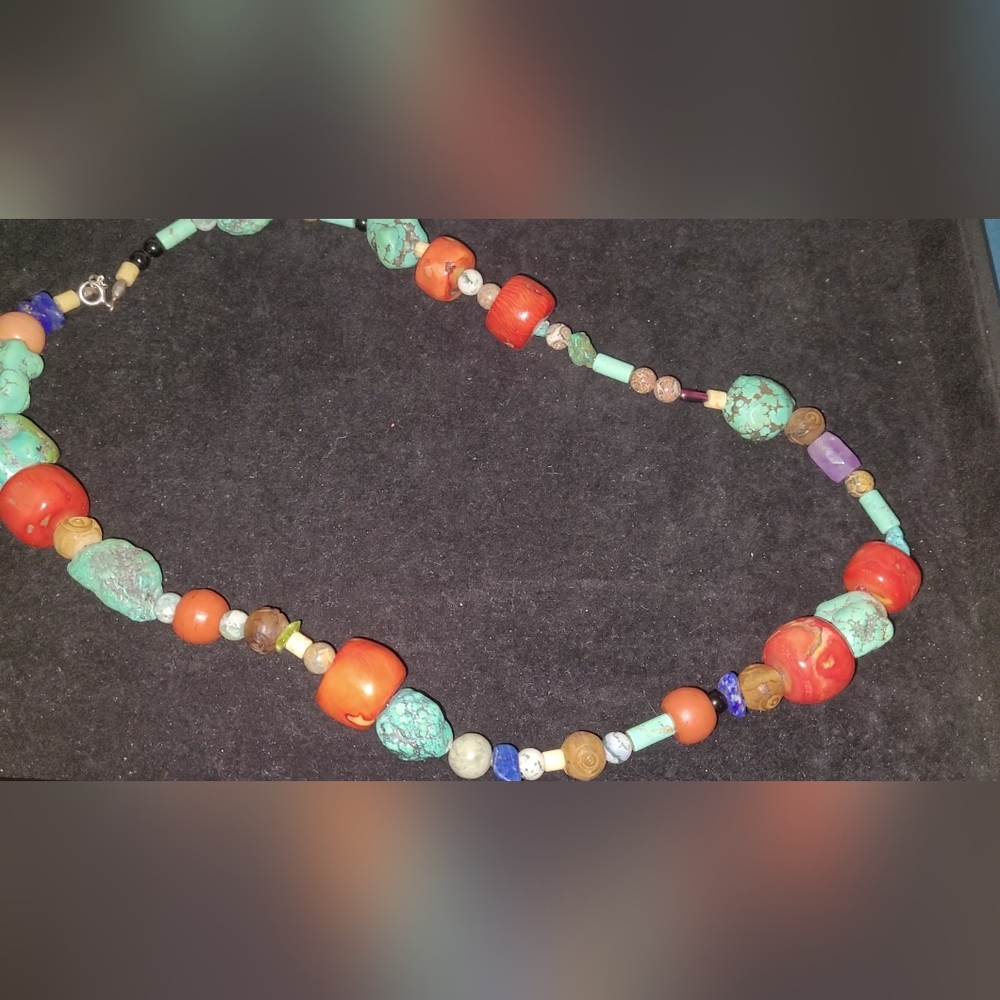 RARE TIBETAN NECKLACE TORQUISE, BAMBOO CORAL,ONYX,AMETHYST, QUARTZ, LAPIZ &more